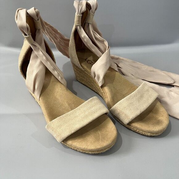 UGG Trina Jute Suede Wedge Tan Espadrille Ankle Ribbon Tie Sandals Size 6.5 - Picture 2 of 13